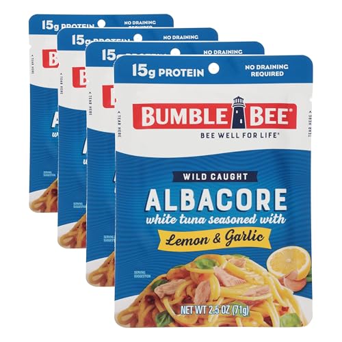 Image of Bumble Bee Lemon & Garlic Seasoned White Albacore Tuna in Water, 2.5 oz Pouch - Wild Caught Tuna - 15g Protein per Serving, High in Omega-3s - Non-GMO, Gluten Free - No Draining Required (Pack of 4)