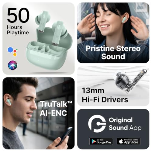 Image of pTron Bassbuds Encore in-Ear TWS Ear Buds w / 50 Hrs Playtime, Custom EQ, Mobile App, 13mm Drivers, Pristine Sound, BTv6.0 Headphones, Touch Control, Voice Assistant, Type C Charging & IPX4(Meadow)