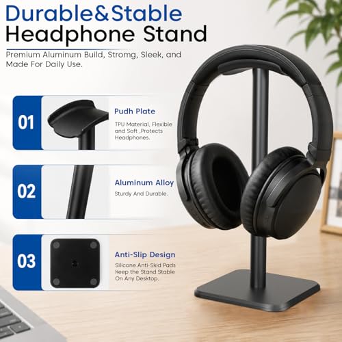 Image of Sounce Headphone Stand Headset Holder Aluminum & ABS Base Desk Organizer | Flexible TPU Headrest | Detachable | Fits All Headphones Gaming Bluetooth ANC (Only Stand)