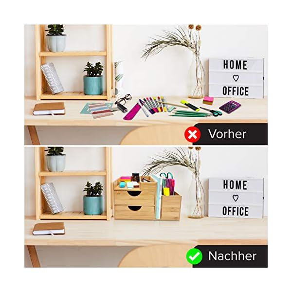 DGREGIO Schreibtisch Organizer Bambus, Nachhaltiger Büroorganizer mit Stiftehalter, Stifteköcher und Schubladen für Büroutensilien HxBxT: 16,5x27x16 cm – Bild 5