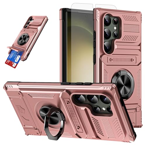 Furiet Phone Case for Samsung Galaxy S25 Ultra 5G with Tempered Glass Screen Protector Card Slot Ring Stand Shockproof Bumper Hybrid Two Layer Defender for S25Ultra 25S S 25 25Ultra 6.9 2025 Rose Gold