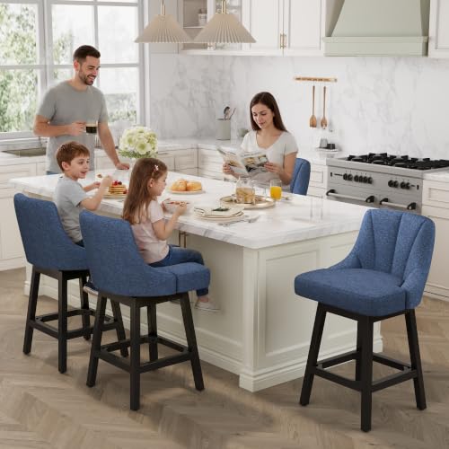 Image of YaFiti 26 inch Fabric Swivel Bar Stool 1 pcs with Back & Wood Leg, Navy Blue | Linen Fabric, Extra Upholstered Seat, Counter Stool, Square Solid Wood Legs, with Backrest & Footrest, for Kitchen Island Bar