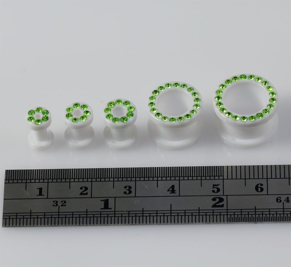 Multi Peridot Green Crystal Stone Setting on White Acrylic Ear Gauge Flesh Tunnel