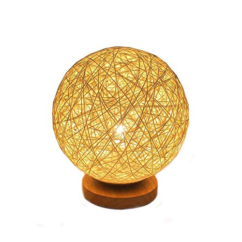 Powstro - Lámpara de mesa de ratán, creativa, luz nocturna LED, con pantalla de punto a mano, madera, dormitorio, decoración para mesita de noche - Dorado