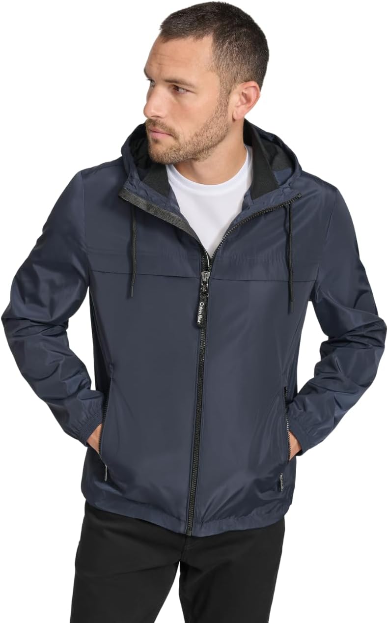 Calvin Klein Men's Adjustable Drawstring Hood Zip Up Windbreaker Jacket