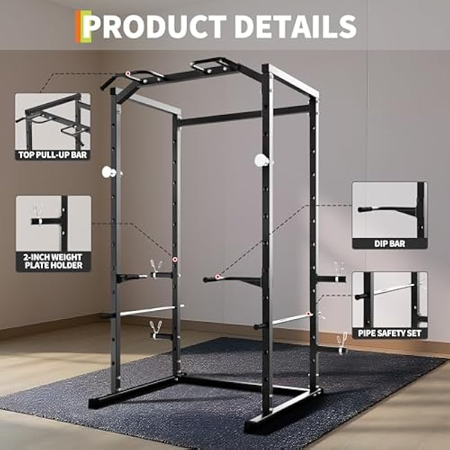 Power Cage, Squat Rack for Home Gym, 1100LB Capacity Power Rack with Pull-Up Bar, Adjustable Safety Bars, Strength Training for Home Gym