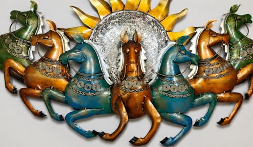 Image of iHandikart Multicolor 7 Running Horses Metal Wall Art with Sun Design | Iron Wall Sculpture for Living Room | Modern Horse Wall Hanging Decor for Home, Office & Hall | 44 x 23 Inch