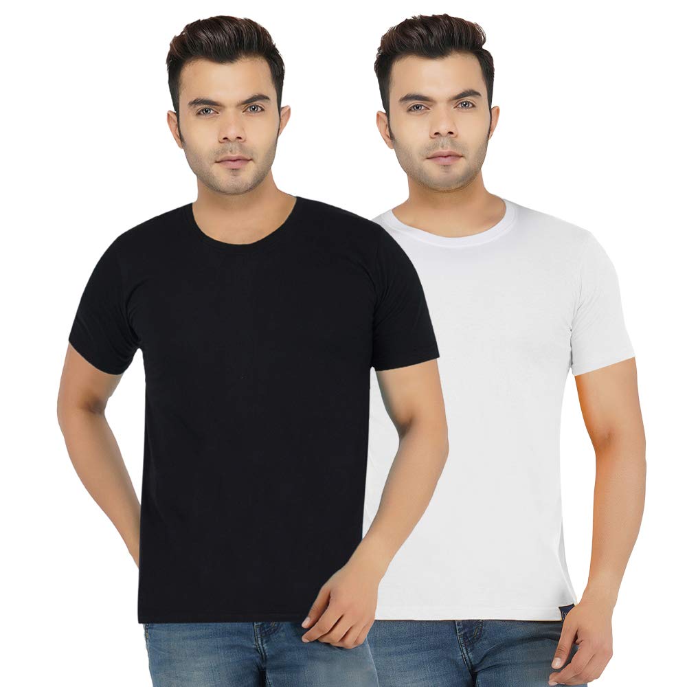 YAZHI Men's Regular Fit Round Neck Plain Combo Cotton T-Shirts-Pack of 2