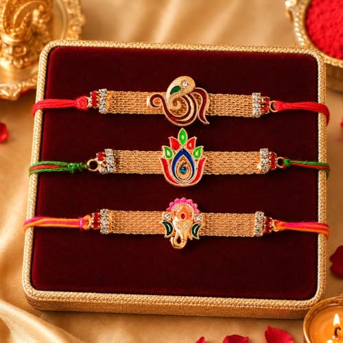 Image of CraftVatika Rakhi Set for Brother | Rakhi for Brother Set of 3, Ganesha, Om and lotus rakhi for Bhai Boy Men Bhaiya | Bracelet Rakhis, Rakshabandhan Rakhis with Best Wishes Card Tilak Set