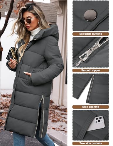 Tuopuda Wintermäntel Damen Lang Steppmantel Winter Daunenmantel Warm Jacke Mantel Daunenjacke Steppjacke mit Kapuze und Reißverschluss, Dunkelgrau, XL