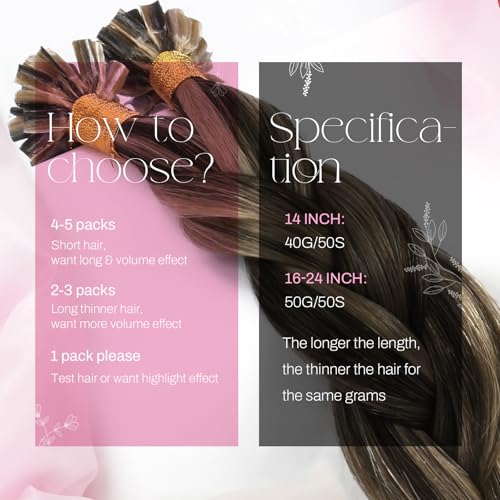 Image of Moresoo K Tip Hair Extensions Real Human Hair, Caramel Brown, 16 Inch | 50g 50 strands, hot fusion keratin tips, warm brunette blend, invisible bond look, party styling