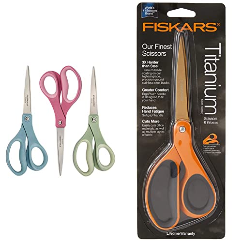 Fiskars Crafts Purpose Titanium Softgrip Fiskars Scissors, 3 Pack, Blue/Pink/Green & 01-004244J Premier Softgrip Titanium Straight Adult Scissors, 8 Inch, Orange