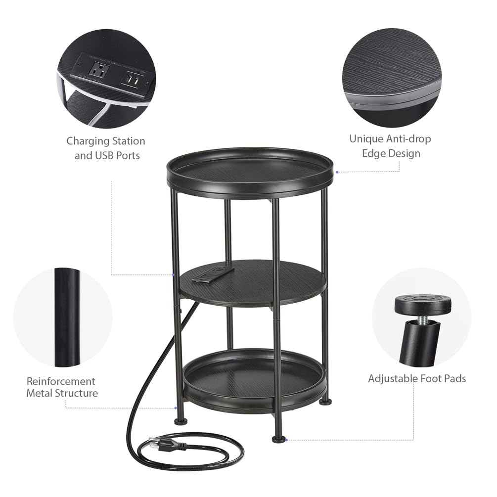 Dulcii Tavolino rotondo con stazione di ricarica, tavolino da 61 cm con 3 ripiani per soggiorno, camera da letto, comodino con struttura in acciaio per piccoli spazi, divano rotondo industriale (USB +