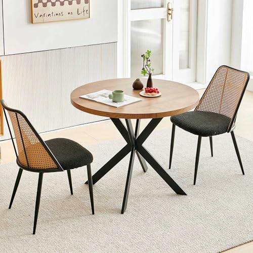 NORDICANA 3-Piece Wooden Dining Set, Space-Saving Round Table & Chair Set for Kitchen, Breakfast Nook, Rattan Wicker Dining Chairs with Boucle Seats - Black