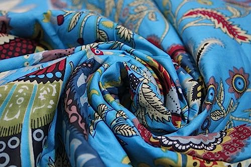 Image of Indian Hand-Block Printed Jaipuri Mukut Floral Print Ethnic Sanganer Kurti Print Cotton Fabric (3 Yards, Tourquoise Mukut)