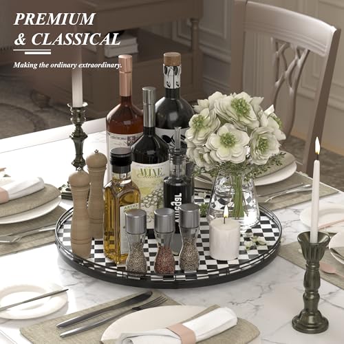 Image of 18 inch Black and White Kitchen Lazy Susan Turntable, Round Checkered Decorative Tray, Large Lazy Susan for Dining Table Centerpiece, Pantry, Kitchen, Bathroom, Countertop, Cupboard, Home Decor