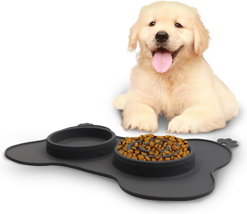 シリコンペットディナープレート猫と犬のボウルダブルボウル漏れ防止ペットスローフードボウルペットマット用品飲料水舐めボウル