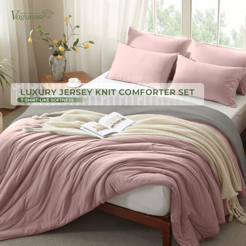 Image of Queen Comforter Set, Comforters Queen Size Luxury Ultra-Soft Jersey Knit Bedding Sets, Grey /Rose Lightweight Down Alternative Bed Comforte Queen for All Season, 3 Piece Bedding Setrey