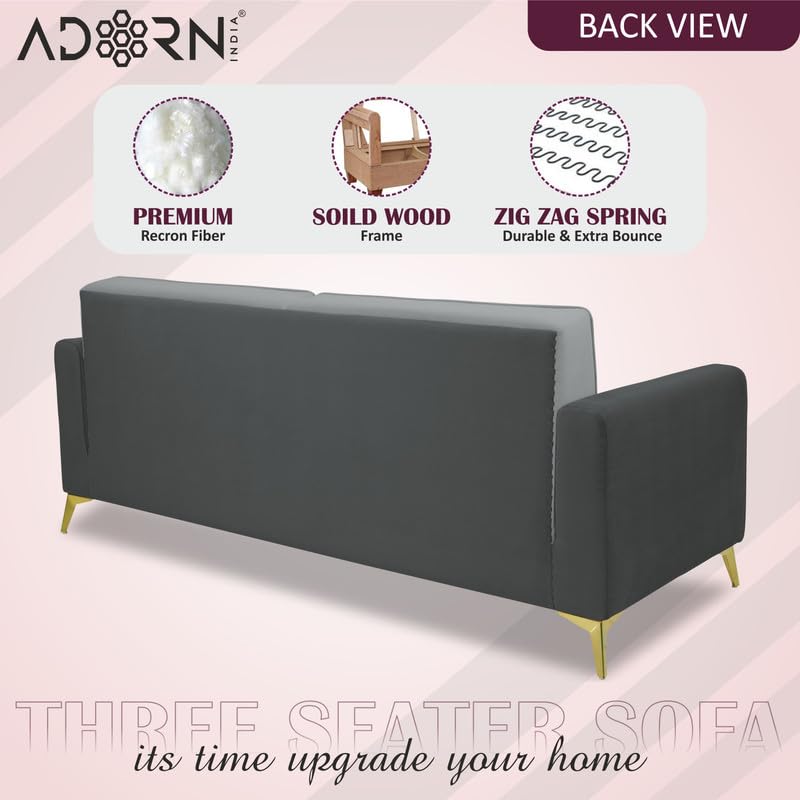 Image of Adorn India Premium Harlem 3 Seater Sofa | Velvet Suede Upholstery | 3-Year Warranty | Dark Grey & Grey with Gold Legs & Cushion