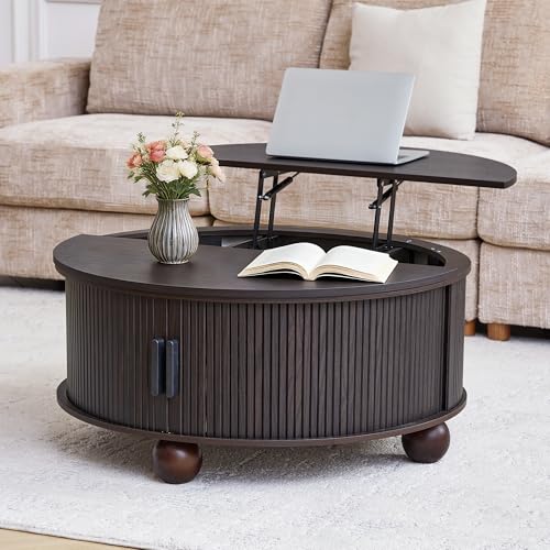 Image of Round Lift Top Coffee Table with Storage, Fluted Circle Coffee Table,Black
