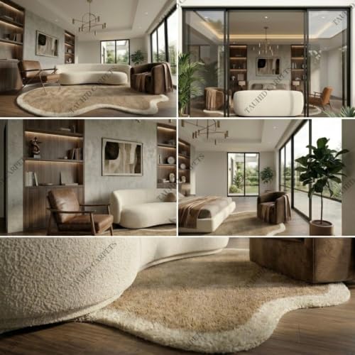 Image of Tauhid Carpet Modern Irregular Shape Shaggy Rug | Super Soft Microfiber Area Carpet for Living Room, Bedroom Designer Cloud Shape MBeige with Ivory Border 6x9 Feet.