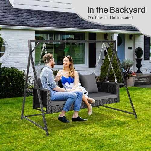 Outvita Porch Swing, 5FT Hanging Outdoor Porch Swings for Adults, Wicker 3 Person Patio Swing, with Cushion, Pillow and Chain for Garden, Backyard, Weight Capacity - 1000lbs - Thumbnail 7