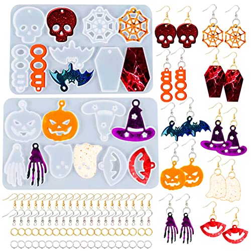 Rifanda 82 PCS Halloween Earring Pendant Resin Molds with Hole 10 Pairs Halloween Silicone Molds with 40 Earring Hooks Skull Pumpkin Bat Spider Epoxy Resin Jewelry Keychains