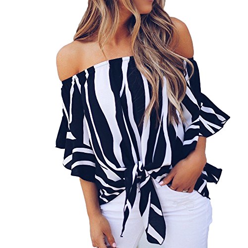 Gogolan Women's Loose Striped 3/4 Bell Sleeve Off The Shoulder Front Tie Knot Casual T Shirt Tops Blouse (Black, S) Gogolan Women's Loose Striped 3/4 Bell Sleeve Off The Shoulder Front Tie Knot Casual T Shirt Tops Blouse (Black, S)