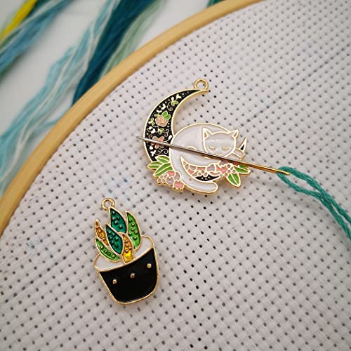 Image of Lovely Moon Cat Needle Minder Magnetic for Cross Stitch, Flower Cat Needle Holder for Embroidery Needlework，Needlework and Embroidery Accessories（2 PCS）
