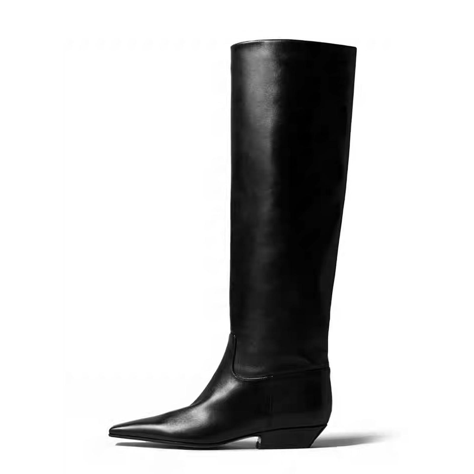 LEMUTISME Womens Trendy Fall-Winter Matte Leather Square Toe Slip On Wide Calf Casual Slouchy Flat Knee High Riding