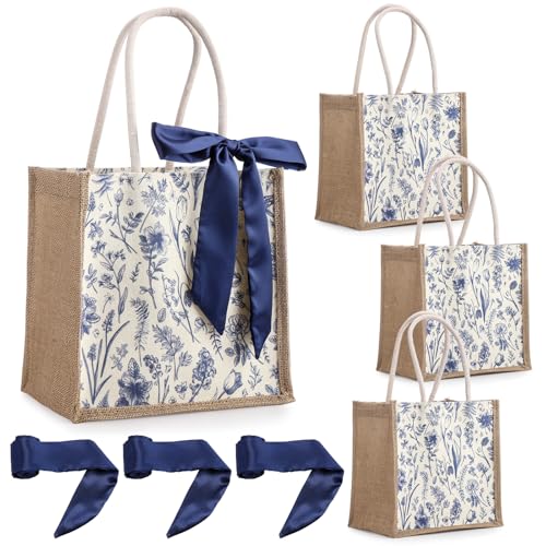 Recopilación de Yute azul los 5 más buscados. 46 Paterr - Bolsas de regalo de dama de honor con asas, reutilizables de yute con estampado floral azul para despedida de soltera, marino, 9.8 x 9.8 x 7.01 inches