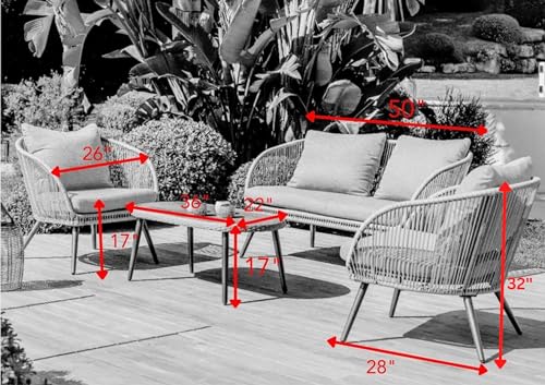 Image of DEVOKO 4 Seater Sofa Outdoor Indoor Conversation Patio Garden Rope Furniture Set with Cushion and Center Table Wooden Top for Garden, Bacony, Poolside (Beige & Grey)