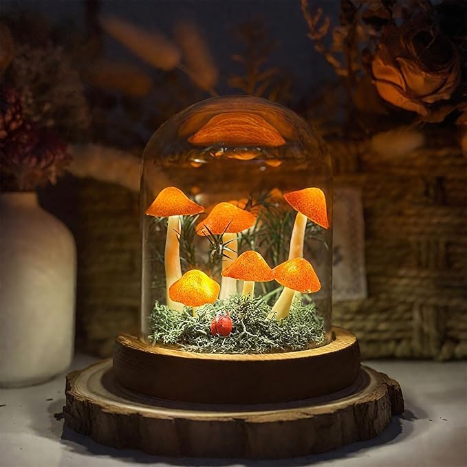 MystiLorky Mushroom Lamp, Decor LED Light in Glass Dome with Base