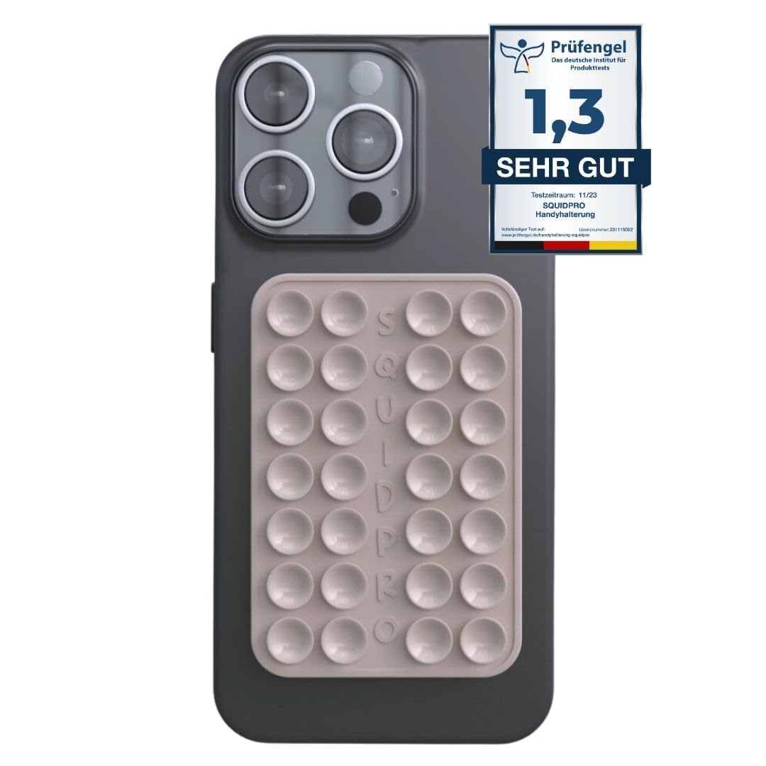 SQUIDPRO® - Silikon Saugnapf Handyhalterung, selbst-klebend, Kompatibel mit Allen gängigen iPhone- und Android Mobiltelefonen BZW. Handyhüllen, Freihändige Halterung für Selfies (Beige)