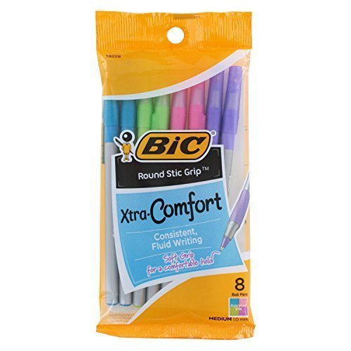 BIC Round Stic Grip Xtra Comfort Fashion Ballpoint Pens, Assorted Fashion Colors, Pack of 8 (2 x Pack of 8)
