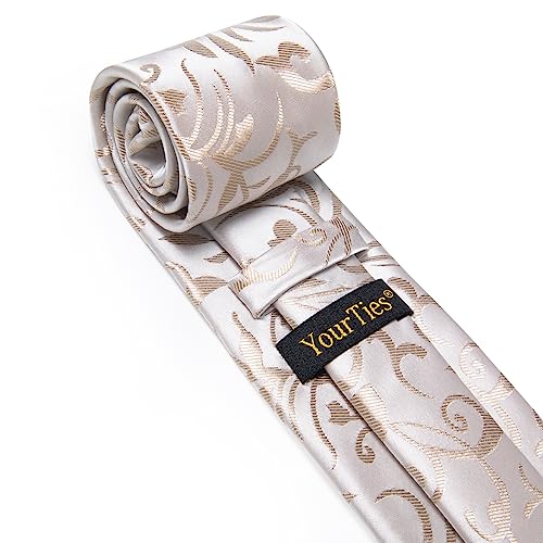 Image of YourTies Mens Tie Silk Champagne Floral Necktie Handkerchief Cufflinks with Lapel Pin Set for Business Wedding, Medium