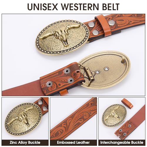 Cowboy Belt Western Belts for Men Women Cowgirl Rodeo Large Bull Buckle Western Leather Belt for Jeans3