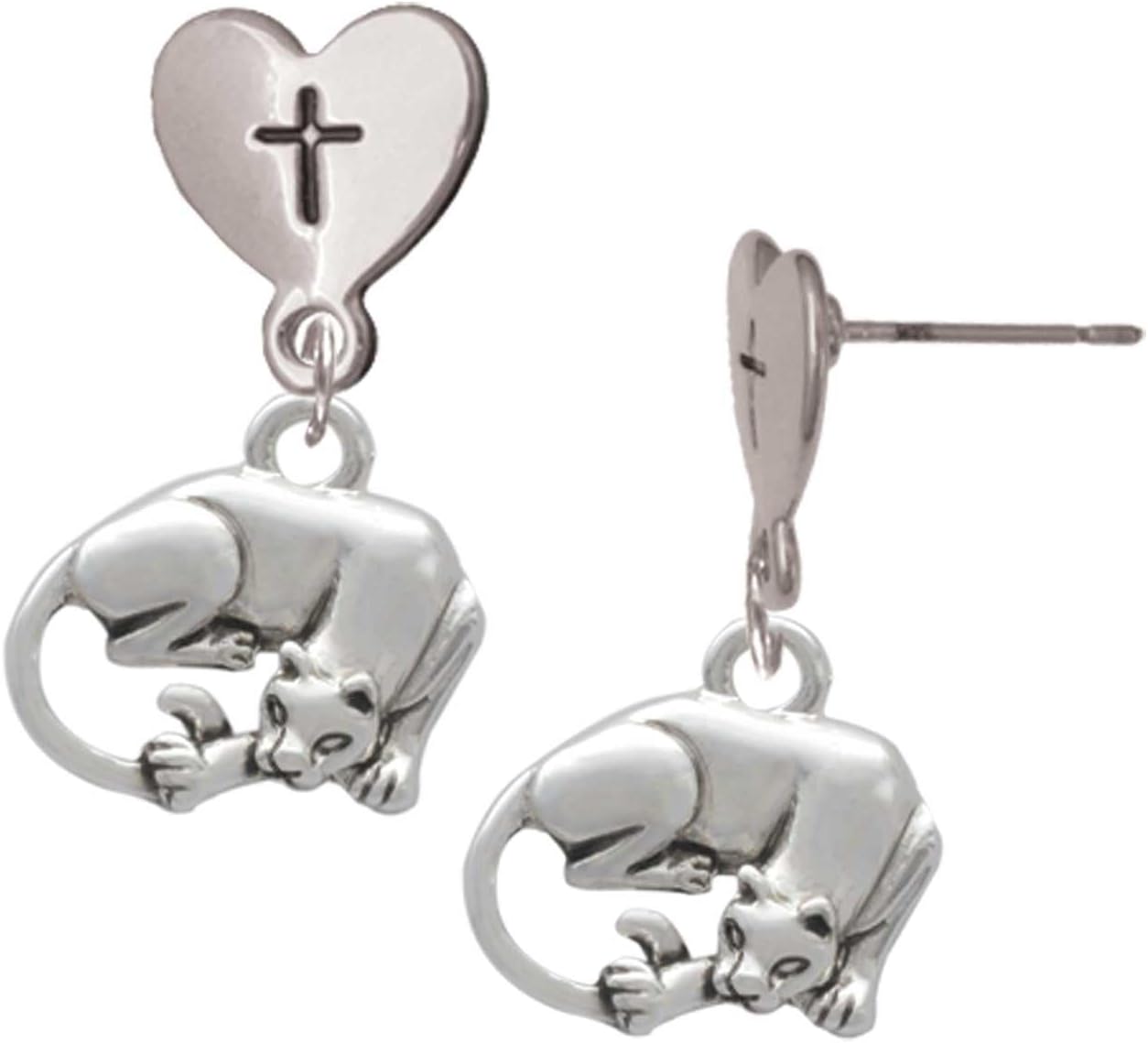 Delight Jewelry Silvertone Panther Cross in Heart Post Dangle Earrings