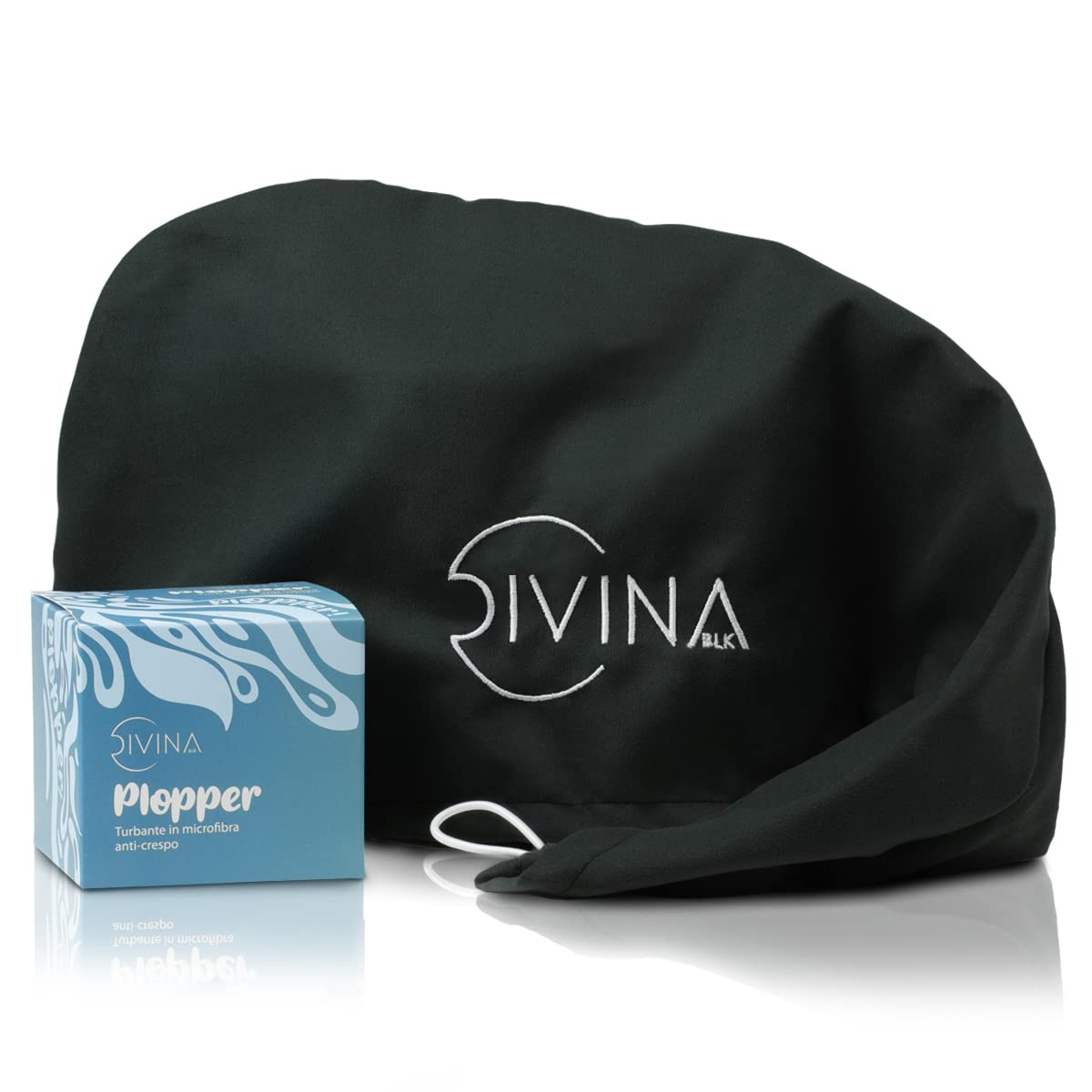 Plopper DIVINA BLK turbante in microfibra anti-crespo per il plopping dei capelli mossi, ricci, super ricci e afro
