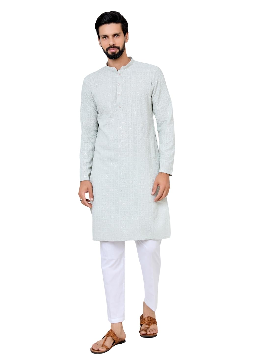 see designs Men's Full Sleeve Mandarin Collar Geometric Sequins Embroidered Thread Work Straight Long Kurta with Pyjama - Festive Collection | Dussehra & Diwali collection-picture-28