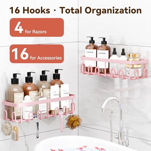 Image of YASONIC Shower Caddy Adhesive, 100% Rustproof Shower Organizer, Large Capacity Shower Shelves for Inside Shower, No Drill Shower Storage for Home (2 Pack Pink)