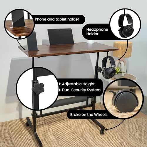 Image of Small Rolling Desk with Wheels, Adjustable Height 27 inch-43.3 inch Portable Standing Desk, 31.5 inchx15.7 inch Tabletop, Mobile Laptop Computer Table for Home Office Workstation, Rustic Brown