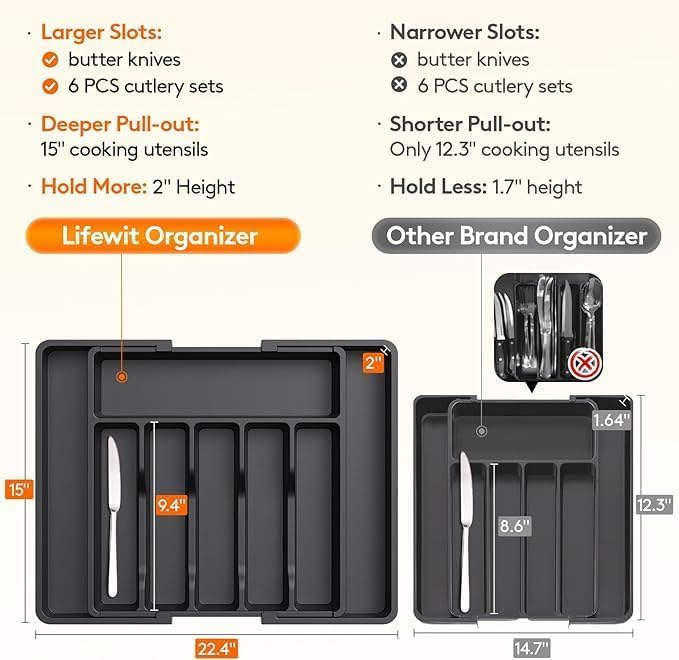 Image of Aroja Utensil Organizer for Kitchen Drawer, Expandable Cooking Silverware Tray, Adjustable Cutlery Flatware Holder, Plastic Spatula Tools Storage Divider (BLACK PACK OF 2)