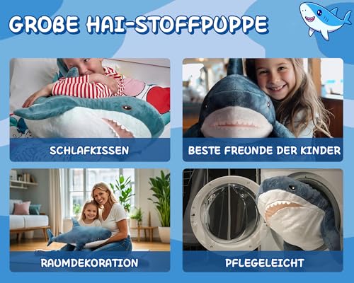 AURWEL XXL Hai Kuscheltier 100cm, Weiches Hai Spielzeug & Plüschtier, Großes Stofftier für Kinderzimmer-Deko, Einfach zu Reinigen Familie, Freunde und Tierliebhaber