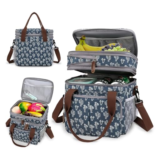 MEYTEILAY Lunch Bag for Women Men Expandable Double Deck Lunch Box Large Lunch Bags Leakproof Insulated Reusable Lunch Cooler Bag (Dark Blue)