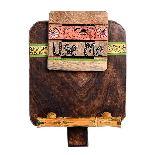 Image of Aakriti Art Creations Madhubani Art Wooden Towel Holder | Handcrafted Wooden | Matte Finish Natural Brown Wall Mounted Towel Holder for Bath & Wash Area