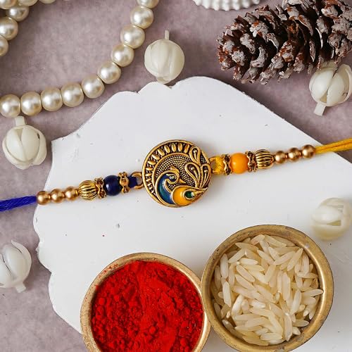 Image of eCraftIndia Peacock Designer Rakhi for Brother with Roli Chawal Pack | Mor Pankh Rakhi for Bhaiya Bhai