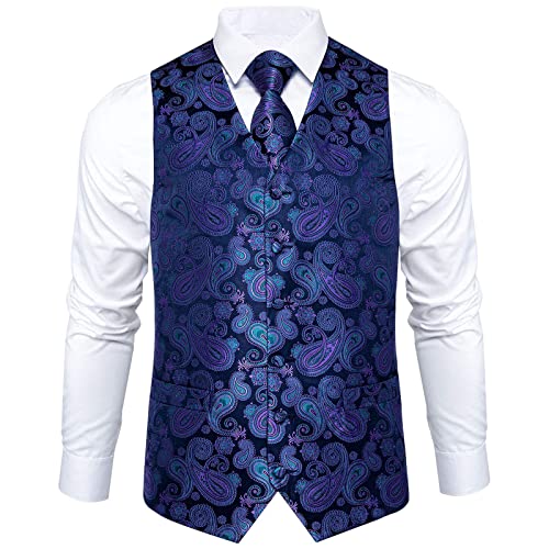 Image of DiBanGu Mens Paisley Vest Silk Sleeveless Suit Vest and Neck Tie Pocket Square Cufflinks Set for Wedding Formal
