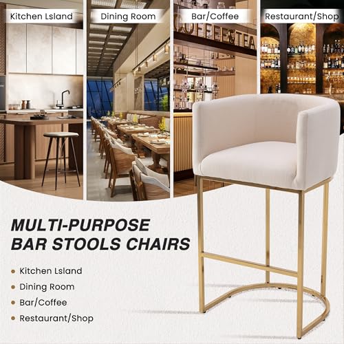 Image of HNY Modern Counter Height Linen Fabric Upholstered Counter Stool Set of 4, 32 Inch Cream Kitchen Island Stool with Gold Metal Frame
