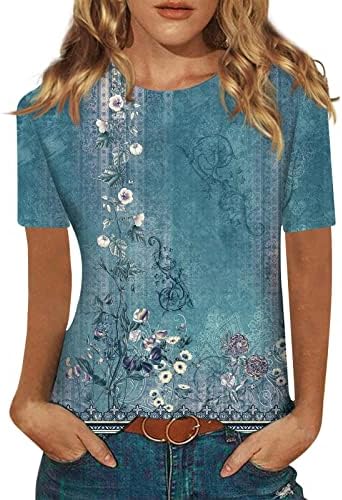 LTTVQM Vintage Tshirts for Womens Graphic Print Tees Cotton Floral Shirts Summer Boat Neck Short Sleeve Basic Tunics Light Blue S